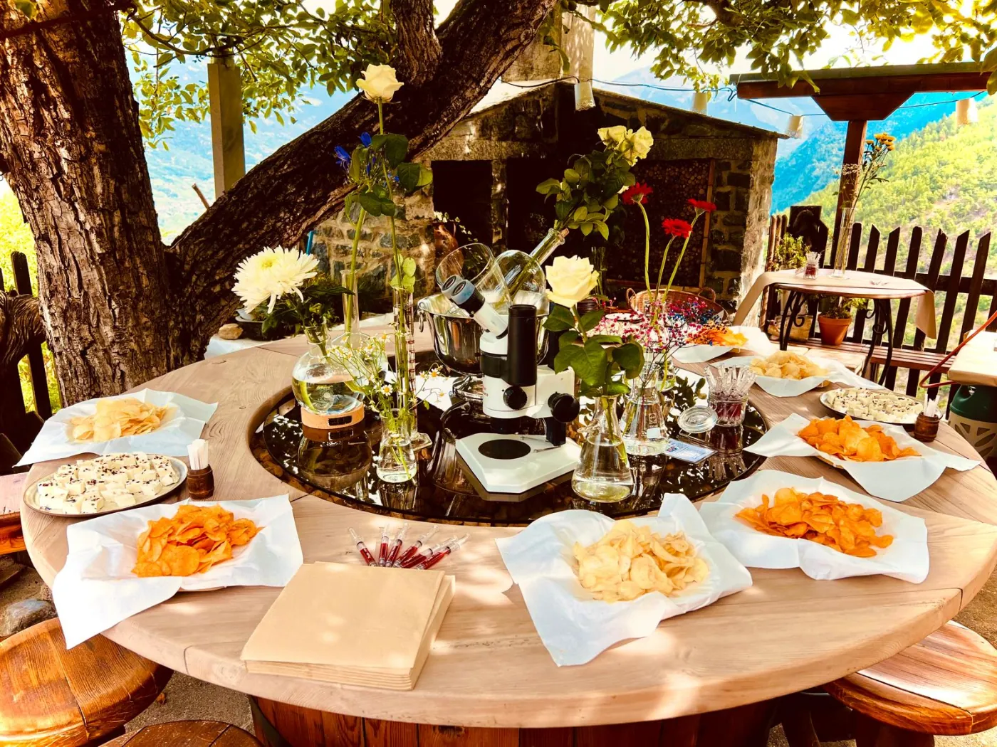 Grande table ronde avec buffet apéritif en terrasse